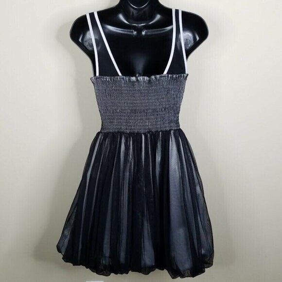 BCBGeneration Dress Womens 0 Black Silver Satin Black Mesh Draped Bubble Flirty - Picture 3 of 7